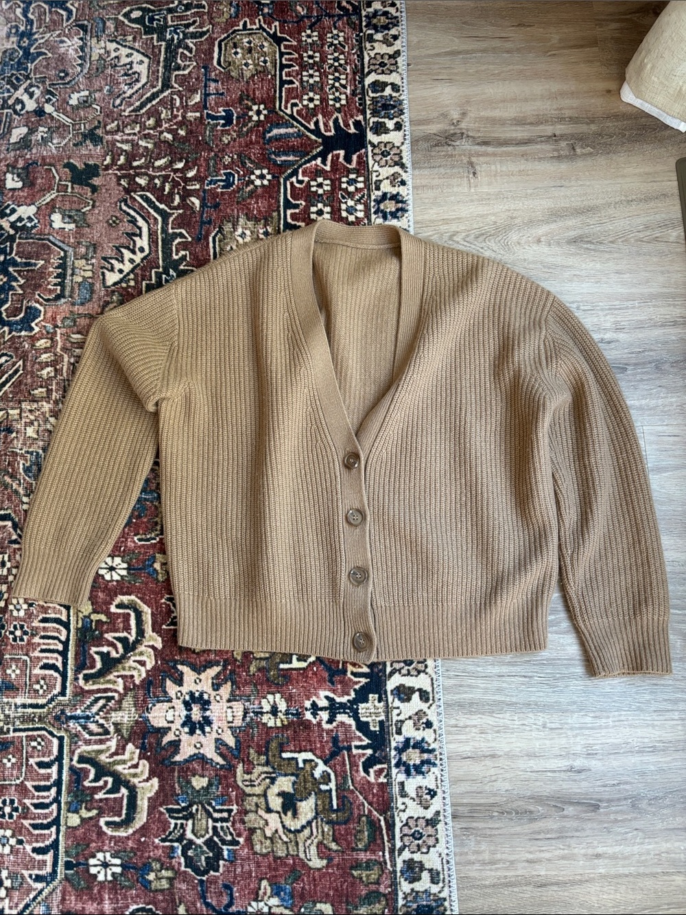 Jenni Kayne Tan Cropped Cashmere Cocoon V‑Neck Button Cardigan